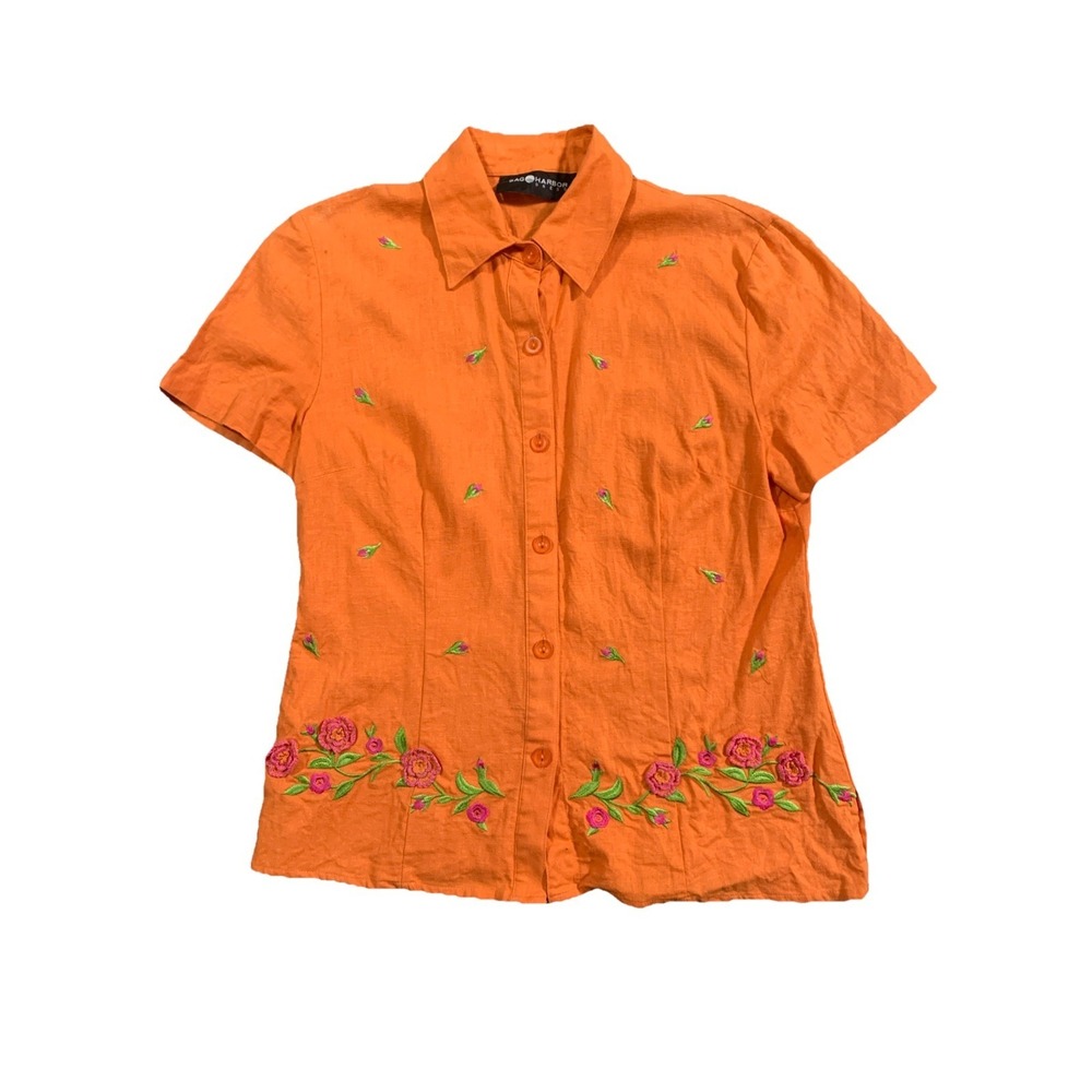 Sag Harbor linen Blend 8 embroidered blouse button short sleeve Floral‎ Cottage
